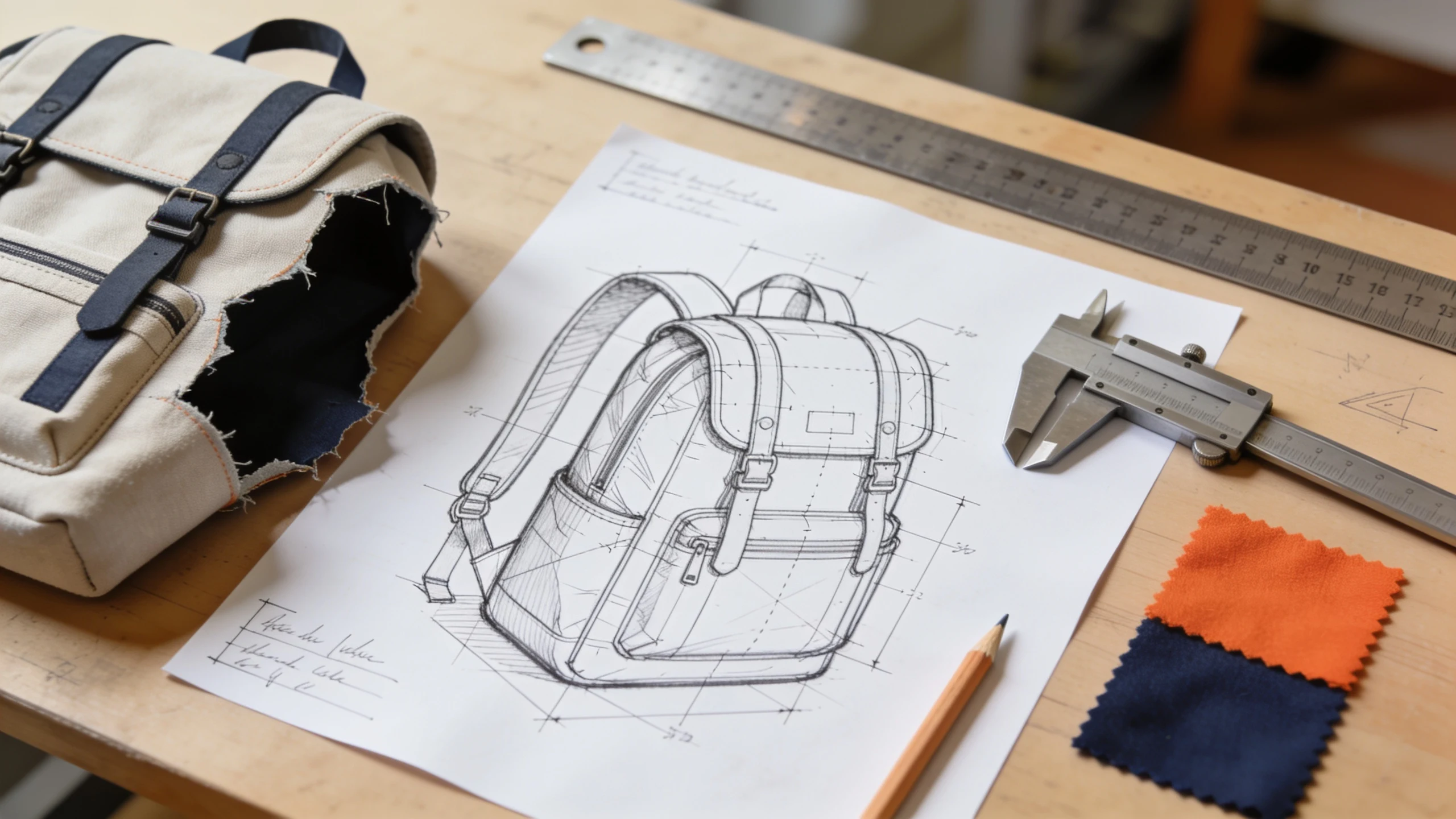 Patent drawings and a technical bag prototype on a workbench