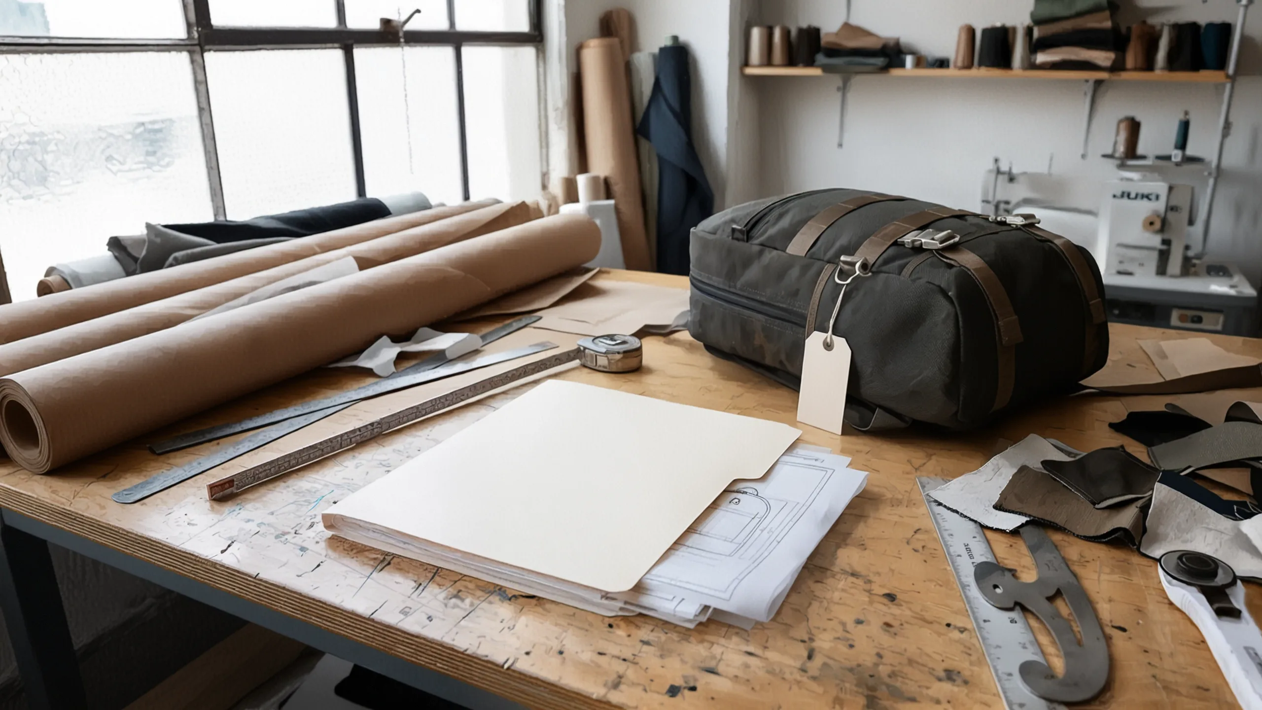 Patent application paperwork and a tagged technical backpack prototype on a design studio workbench
